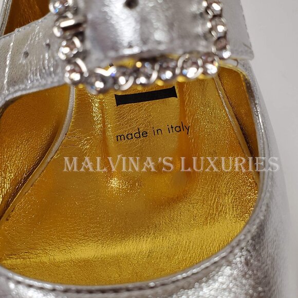 GUCCI SHOES SILVER LEATHER CUT OUT WEDGE PUMP CRYSTAL BUCKLES - Picture 11 of 13